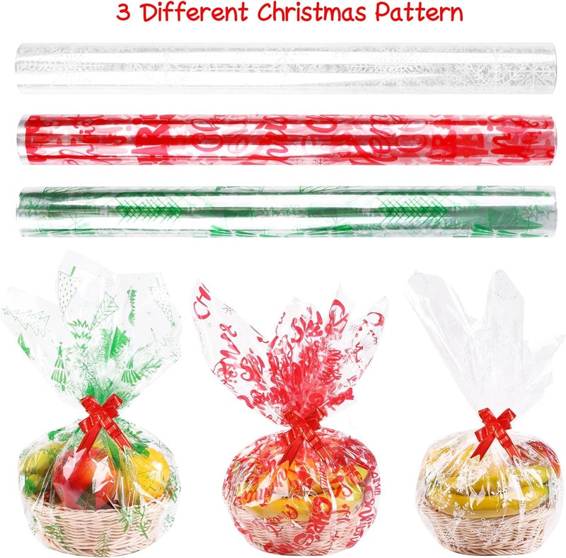 FOPINOA 3 Roll Christmas Cellophane Wrap Set, 32 in x 100 ft Christmas Cellophane Wrapping Clear Cellophane Wrap Roll Treat Gift Basket Wrapping Cellophane Paper for Xmas Party Decoration - Image 3